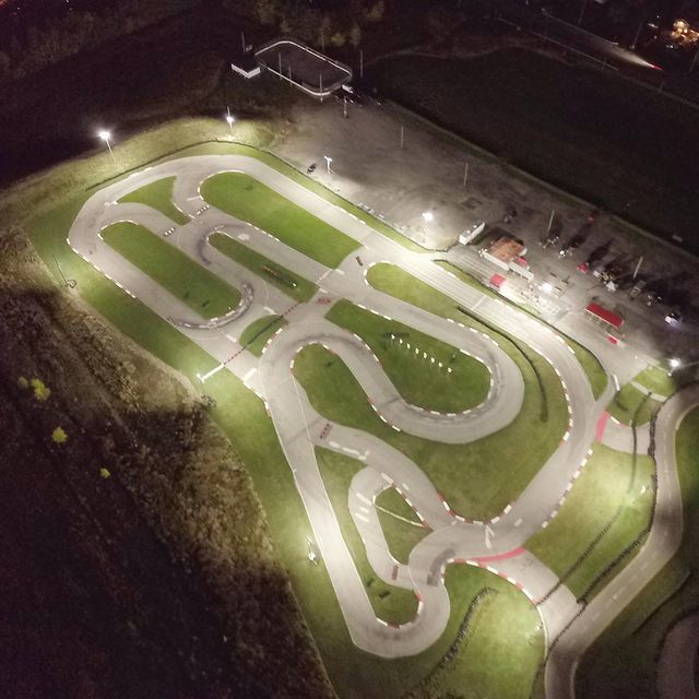 Picture of the Canadian Mini Indy Track lit up with lights at night
